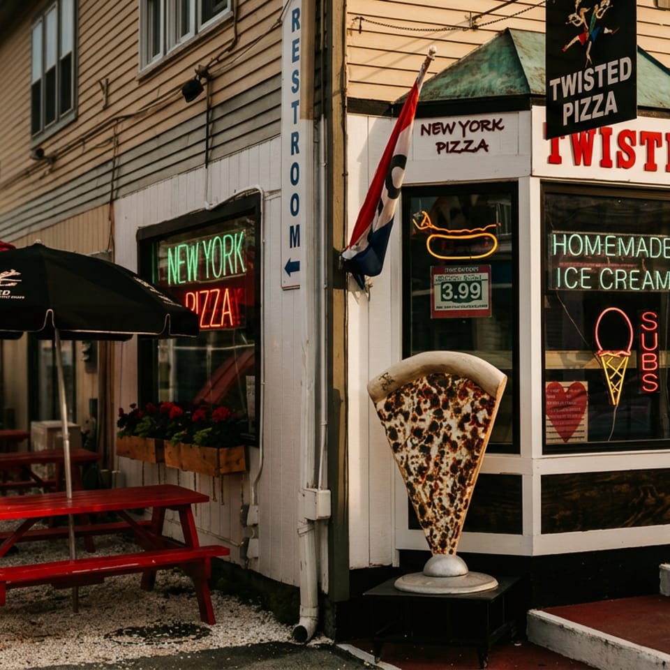 Twisted Pizza storefront with red picnic tables, neon signs, oversized pizza slice, and giant soft-serve cone displays.