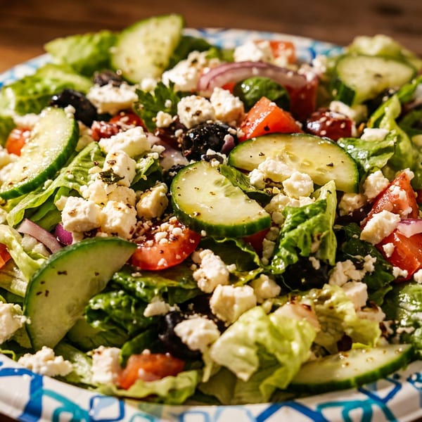 Greek salad with lettuce, cucumbers, tomatoes, olives, red onion, and feta cheese on a patterned plate.