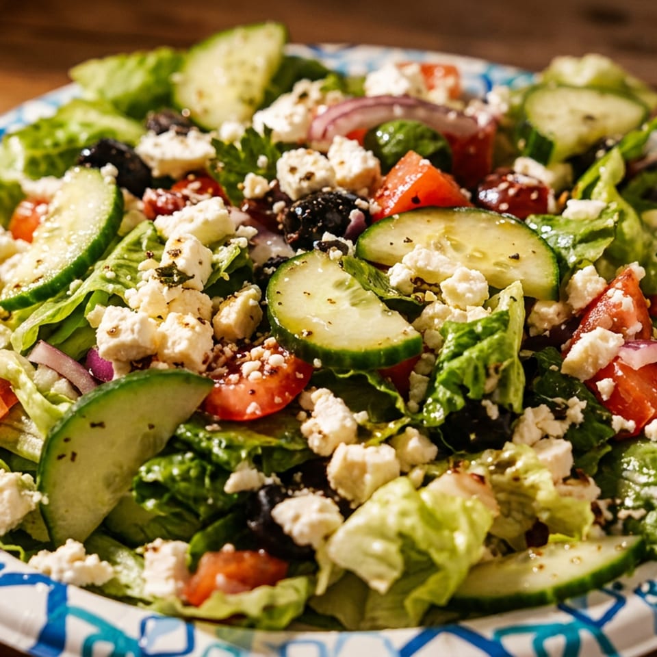 Greek salad with lettuce, cucumbers, tomatoes, olives, red onion, and feta cheese on a patterned plate.