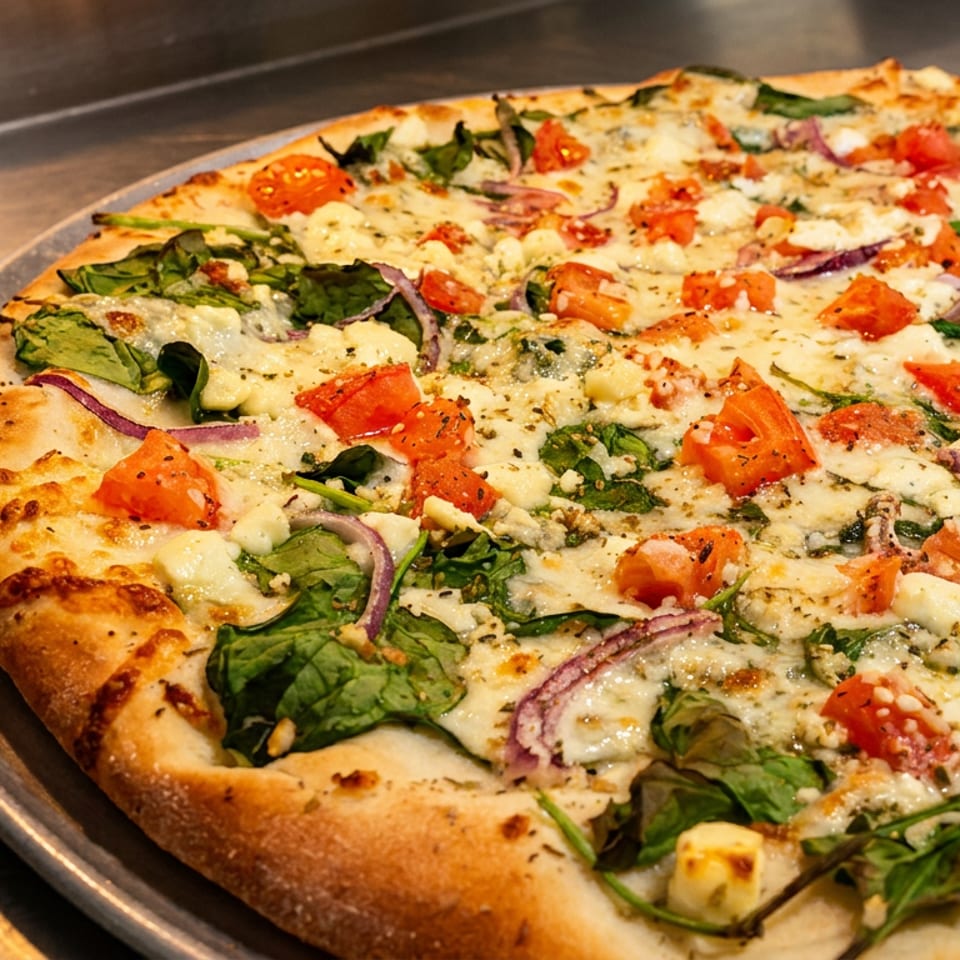 Close-up of a cheesy pizza topped with spinach, tomatoes, red onion, herbs, and a golden-brown crust on a metal tray.