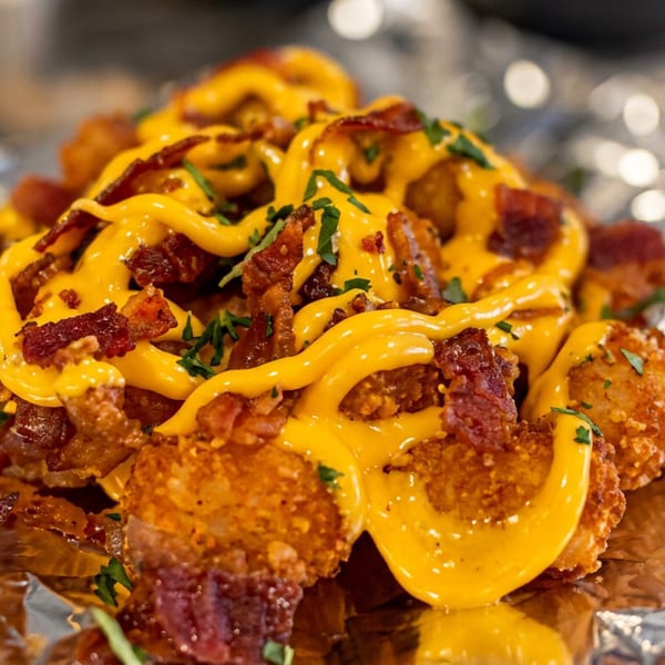 Crispy fried bites topped with melted cheese sauce, bacon pieces, and chopped herbs on foil.