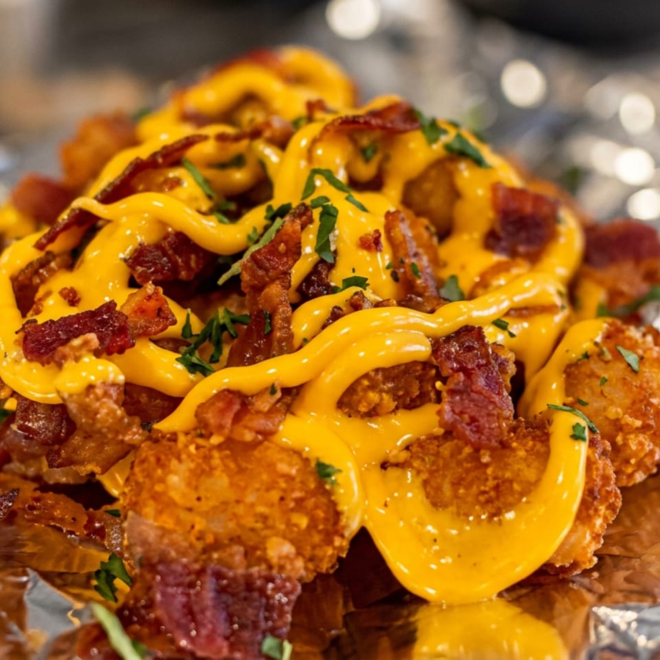 Crispy fried bites topped with melted cheese sauce, bacon pieces, and chopped herbs on foil.