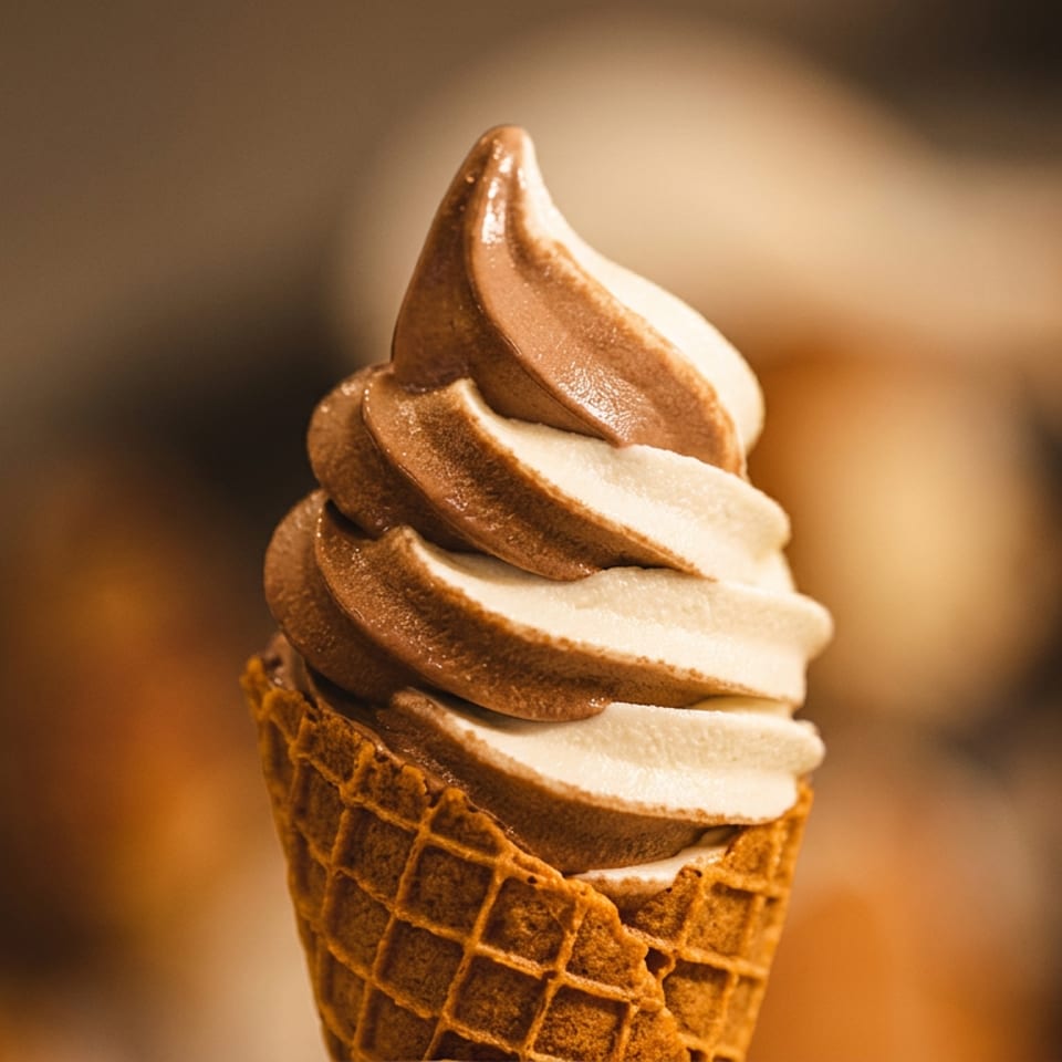 Swirled chocolate and vanilla soft-serve ice cream in a waffle cone against a warmly blurred background.