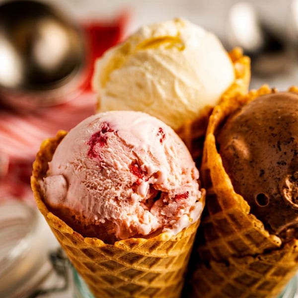 Three waffle cones hold pink berry, chocolate, and vanilla ice cream scoops on a dessert table.