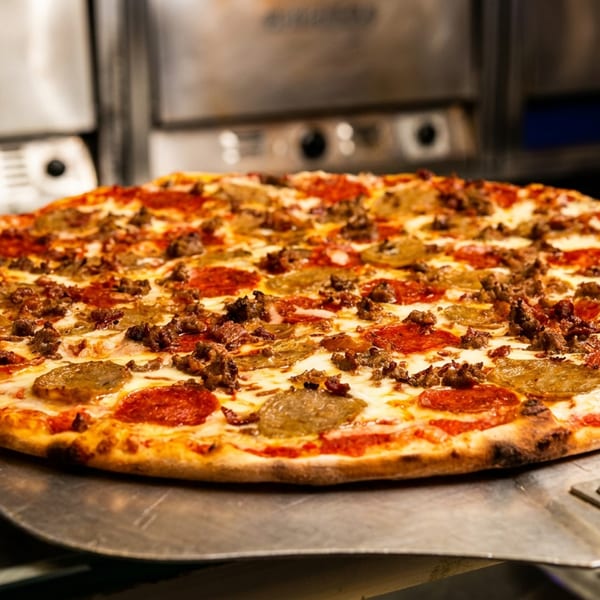 Large thin-crust pizza topped with pepperoni, sausage, mushrooms, and melted cheese rests on a metal peel in a commercial oven.