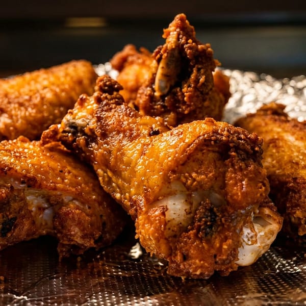 Golden-brown fried chicken wings piled on a foil-lined plate.