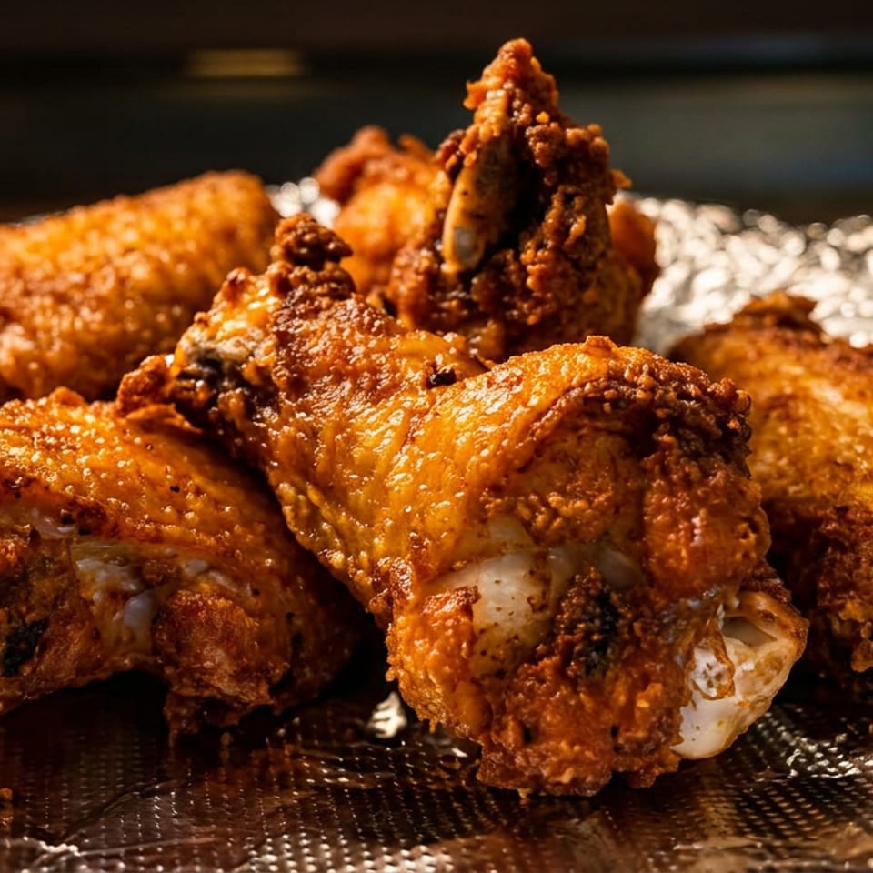 Golden-brown fried chicken pieces piled on a foil-lined plate.