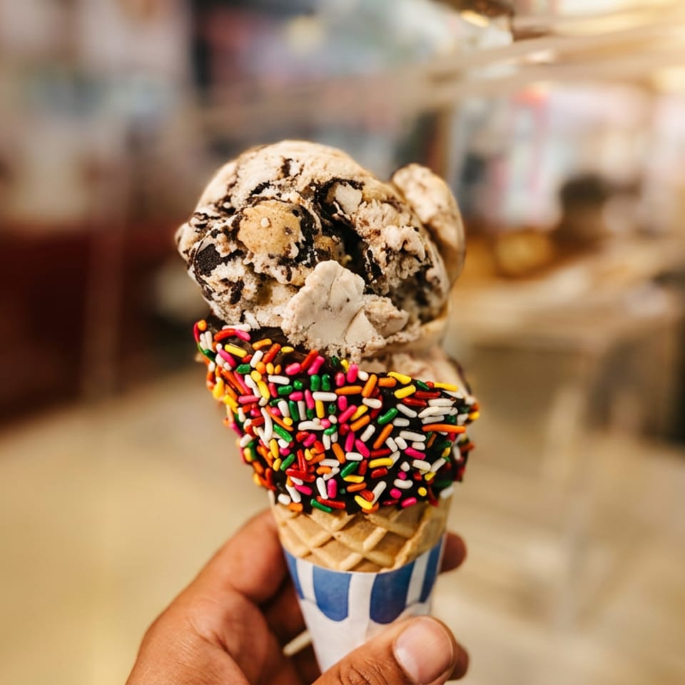 Hand holds a waffle cone covered in colorful sprinkles, topped with cookies-and-cream ice cream, inside a softly blurred shop.