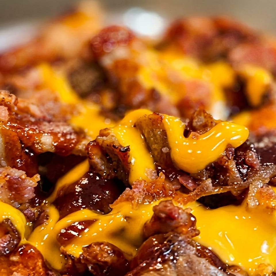 Loaded tater tots topped with melted cheese, bacon, sausage, and barbecue sauce.