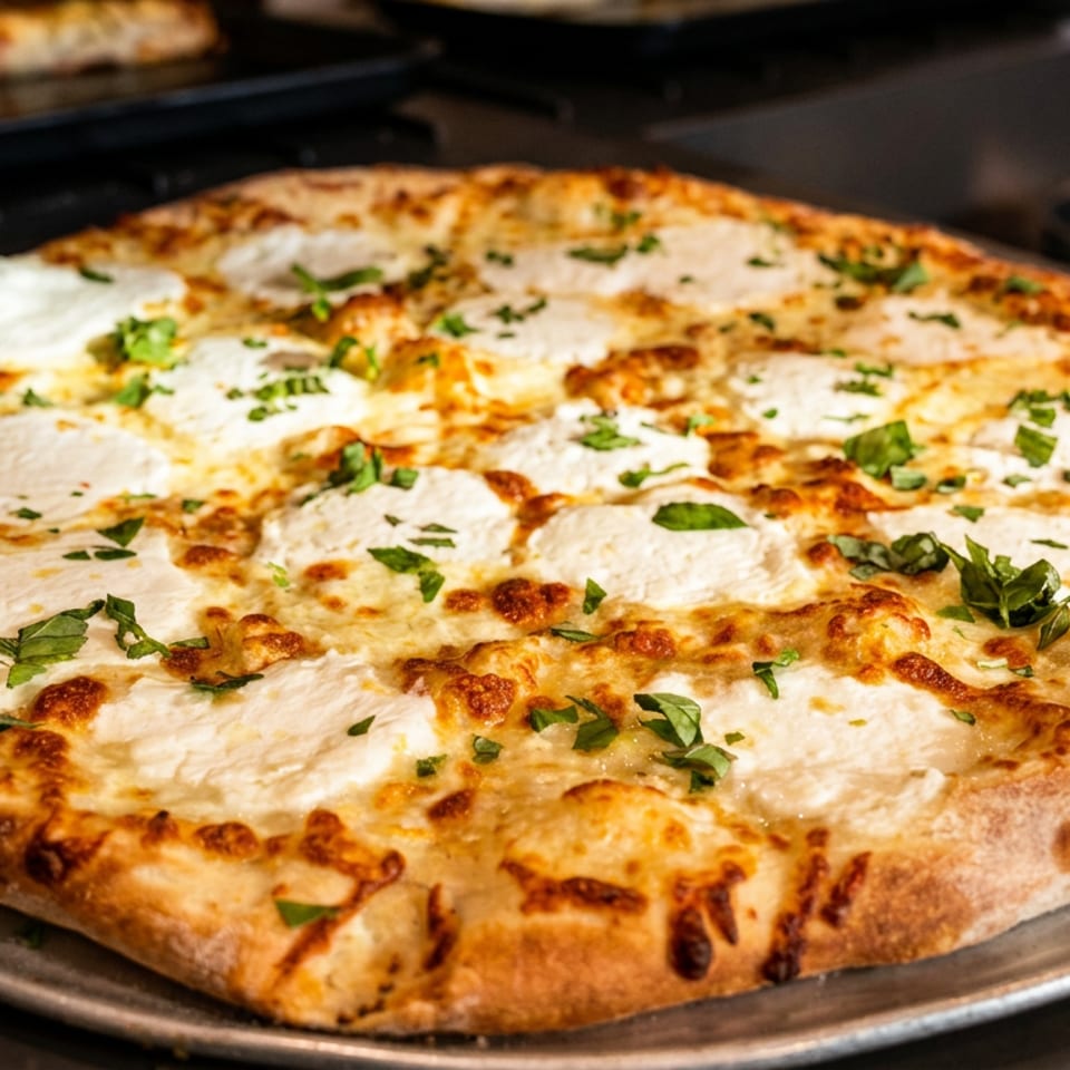 Large golden-brown cheese pizza topped with creamy mozzarella and fresh herbs on a metal serving tray.